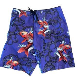 Hurley Mens Board Shorts Koi Fish Purple Pocket Drawstring Closure Size 38
